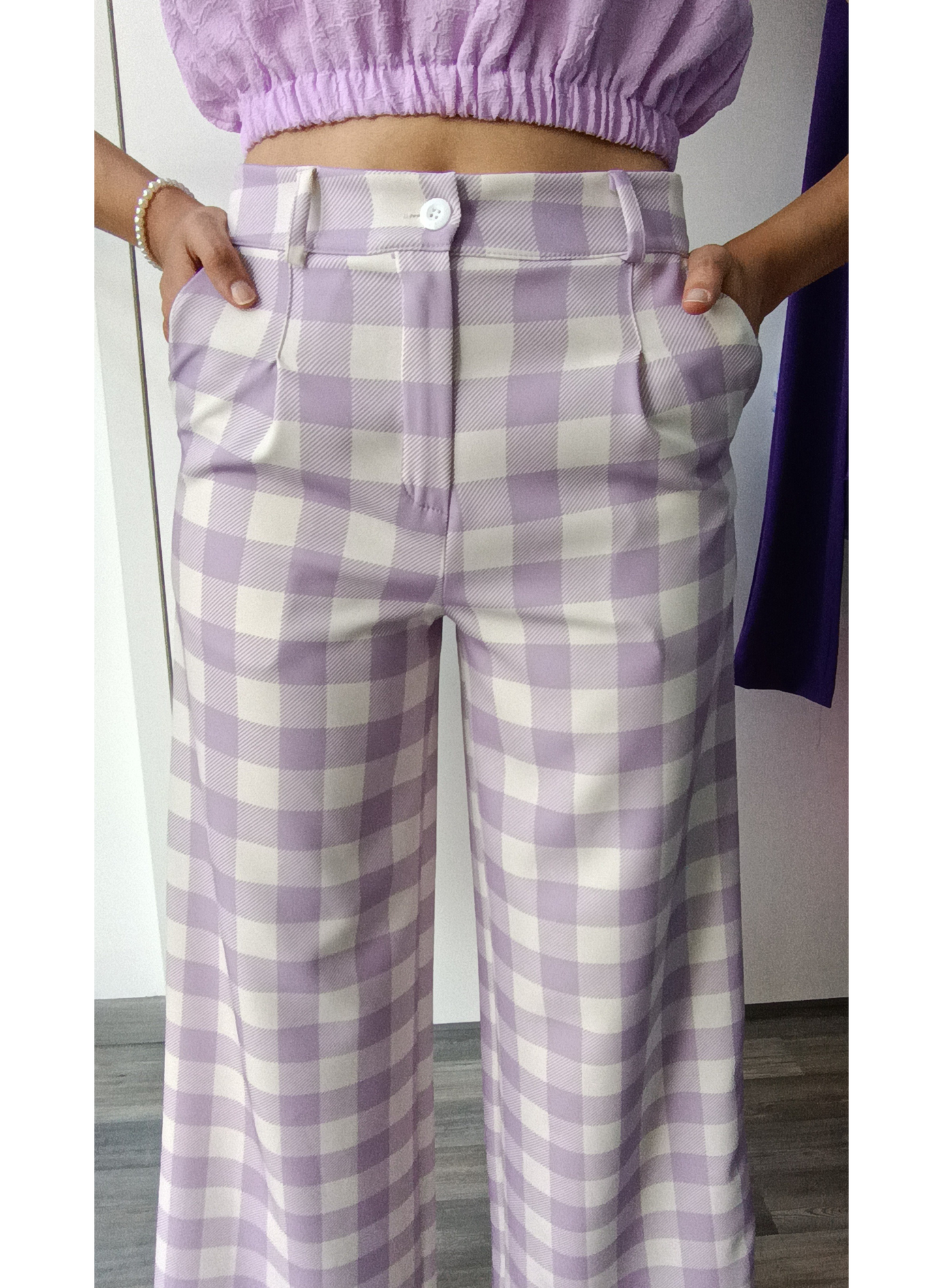 Pantaloni quadrettati glicine/bianchi