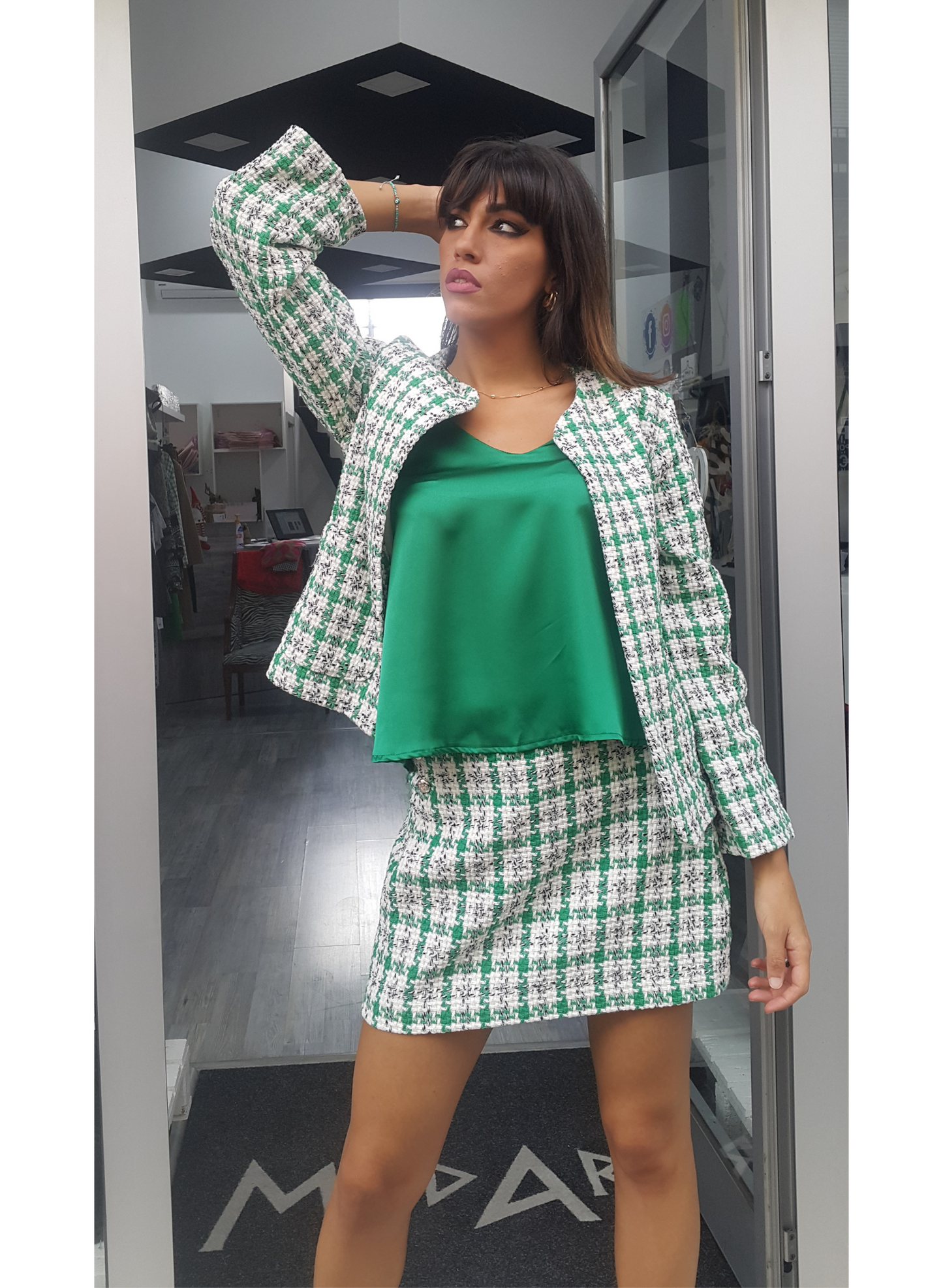 Giacca tweed quadretti verde