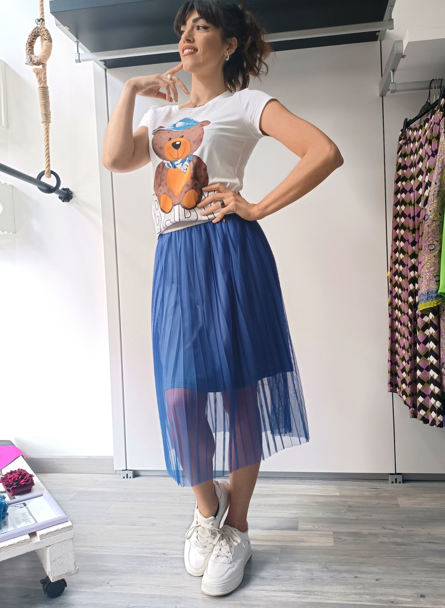 Gonna plissettata in tulle blu pervinca