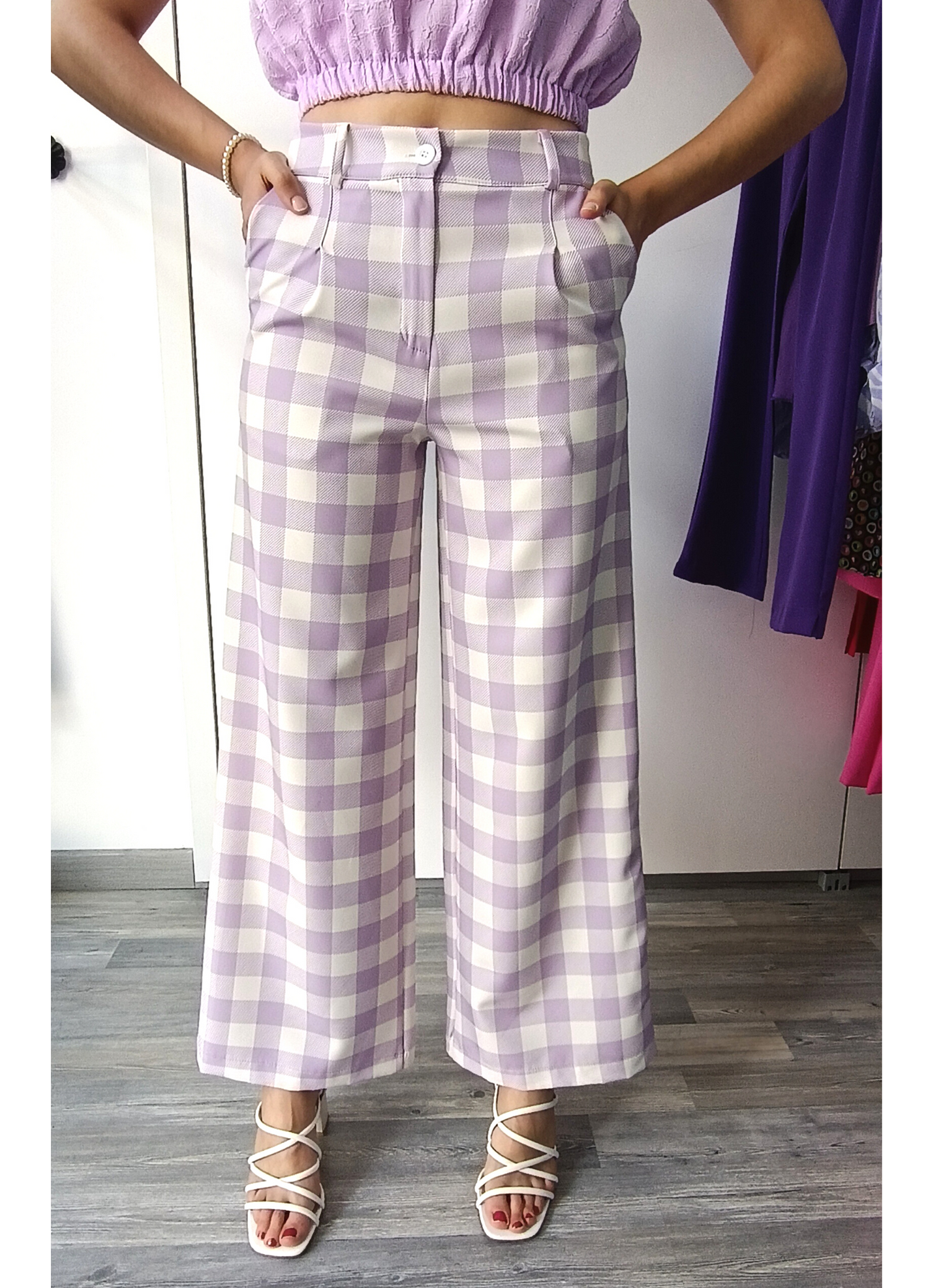 Pantaloni quadrettati glicine/bianchi