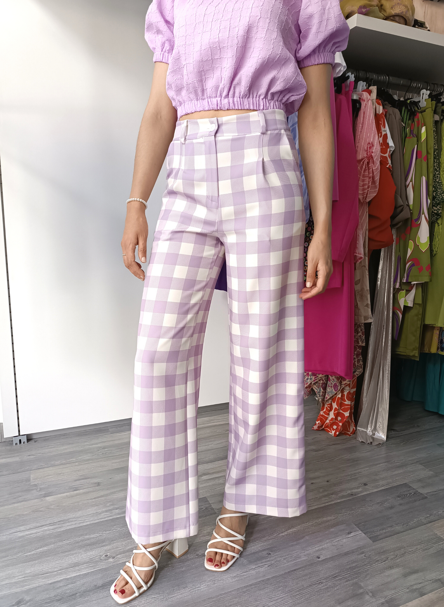 Pantaloni quadrettati glicine/bianchi