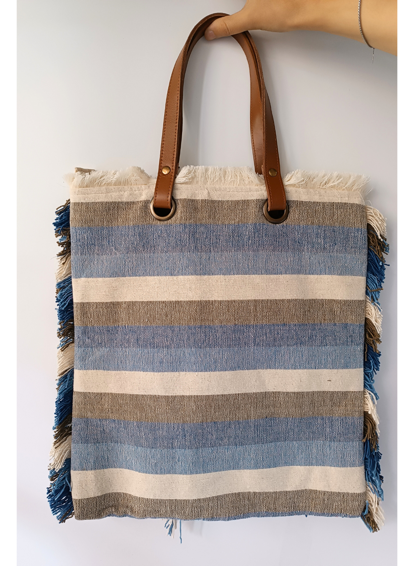 Borsa righe Azzurro/Blu manici pelle