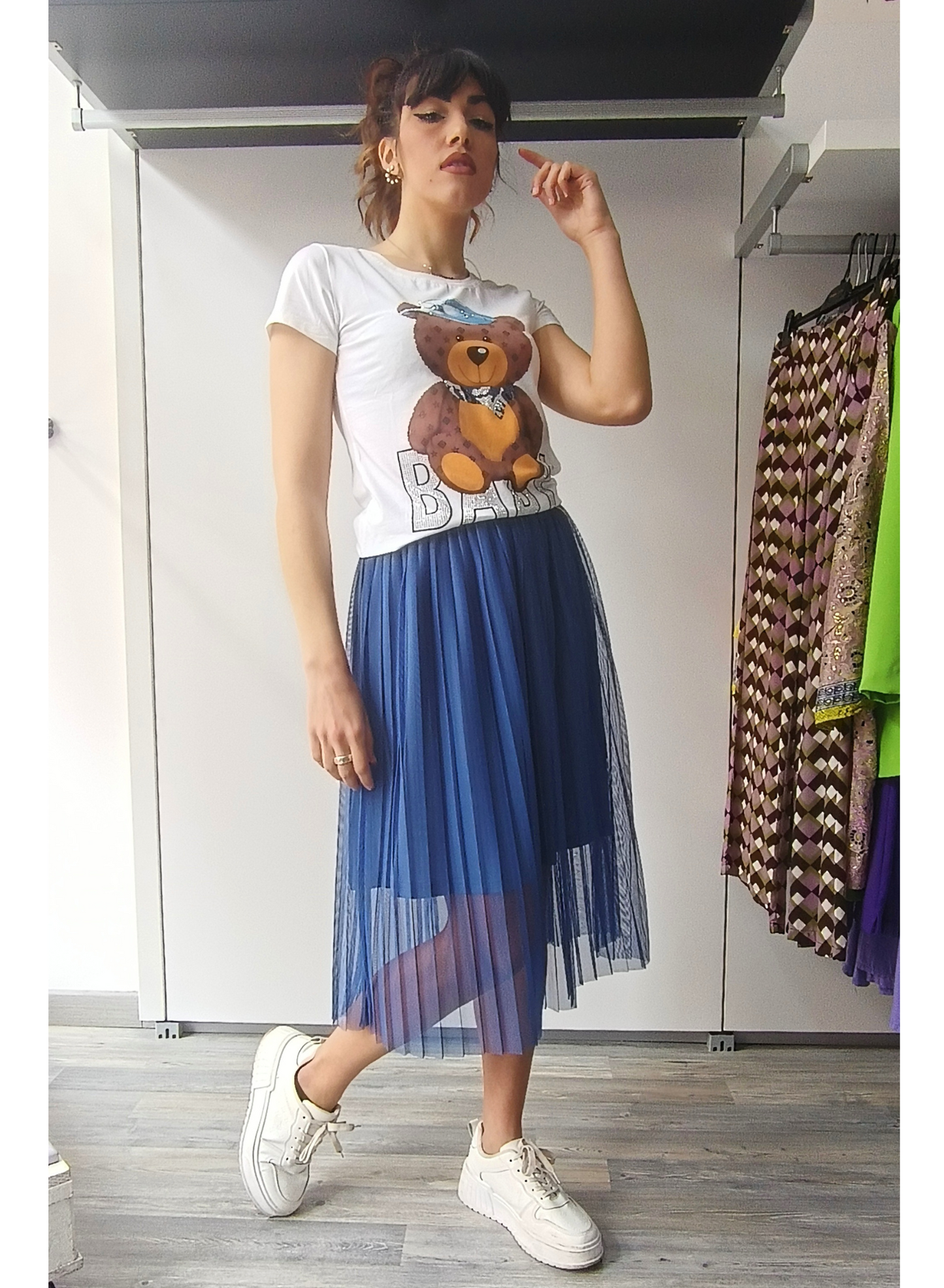 Gonna plissettata in tulle blu pervinca