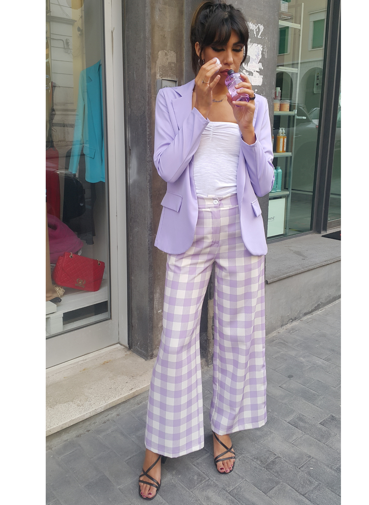 Pantaloni quadrettati glicine/bianchi