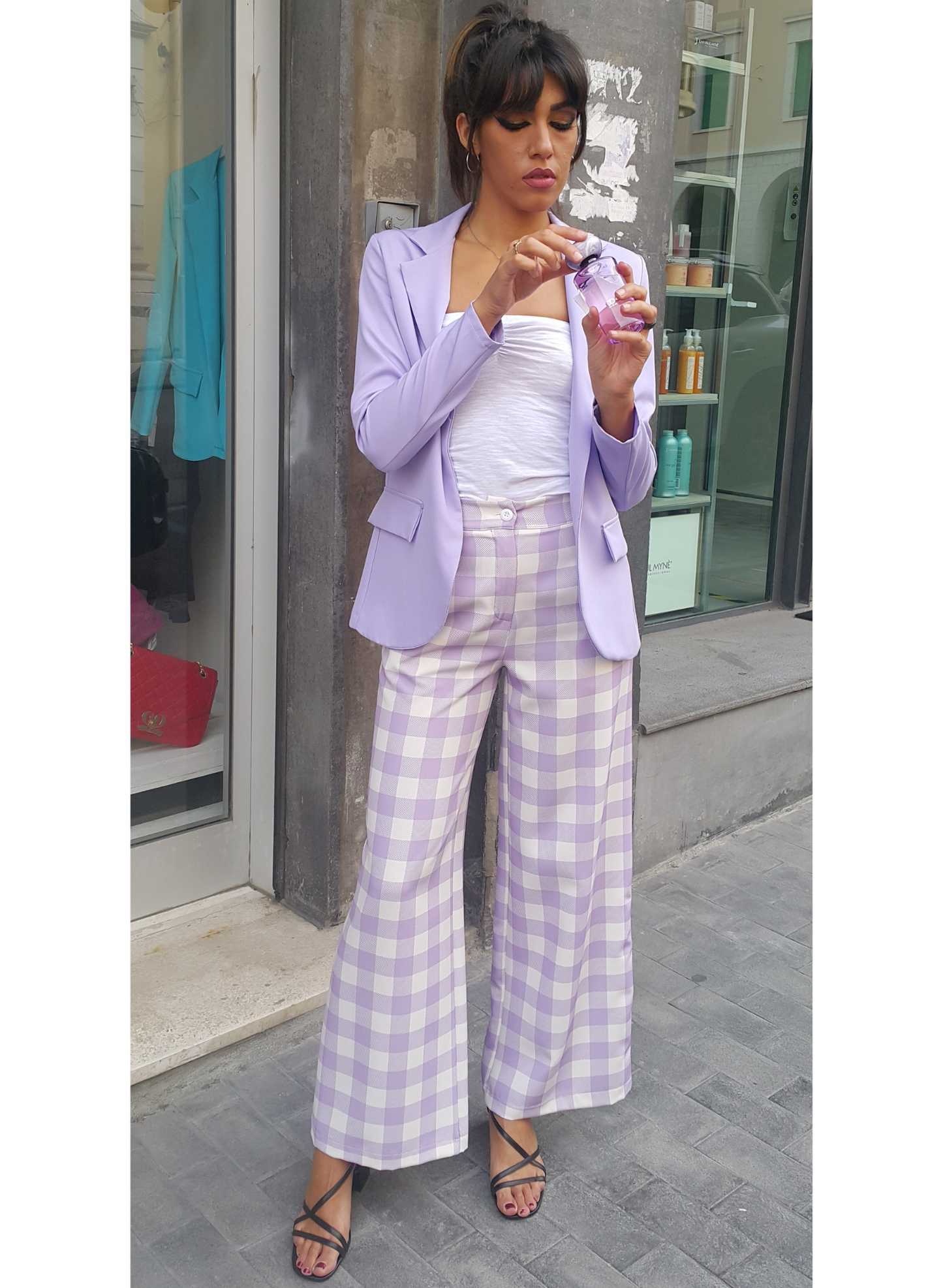 Pantaloni quadrettati glicine/bianchi