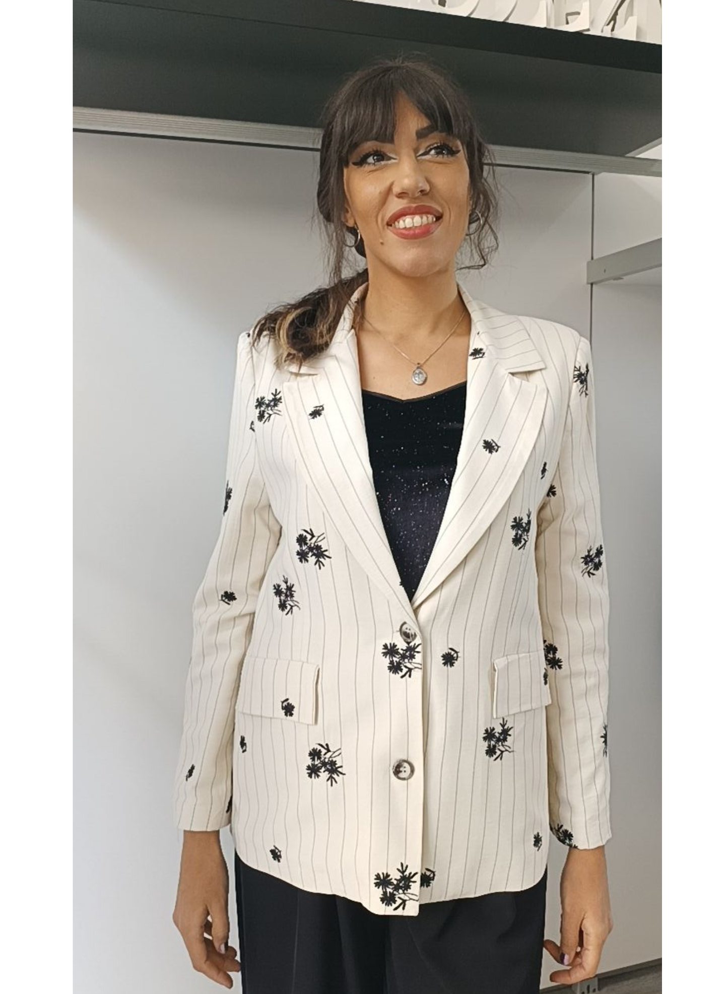 Giacca oversize gessato panna