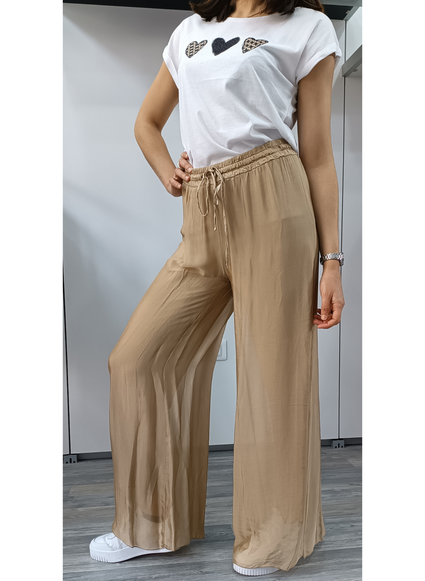 Pantaloni in misto seta beige