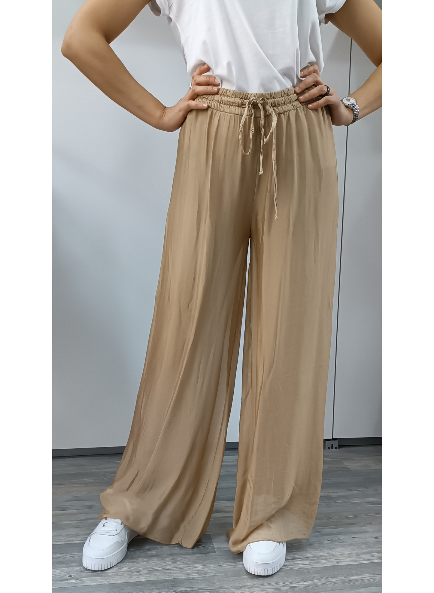 Pantaloni in misto seta beige